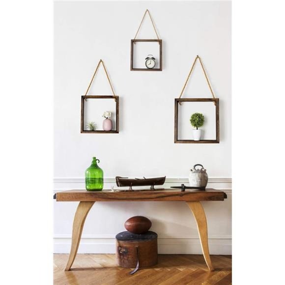 3 pcs Hanging Square Floating Shelves Wall Mounted Boho Decor Rustic Wood Cube - Picture 4 of 5